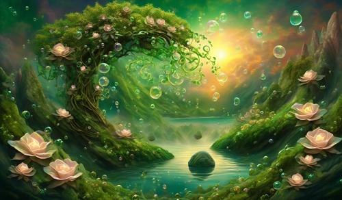 Green ivey rose vine hoody on godess: nebular fall sunset on cloud puffs, carpet moss rocks: floral rocky river: flying heart leafs: split into multi tiny tunnel zoom fantasy worlds,:flying oiled bubbles,