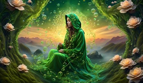 Green ivey rose vine hoody on godess: nebular fall sunset on cloud puffs, carpet moss rocks: floral rocky river: flying heart leafs: split into multi tiny tunnel zoom fantasy worlds,:flying oiled bubbles,