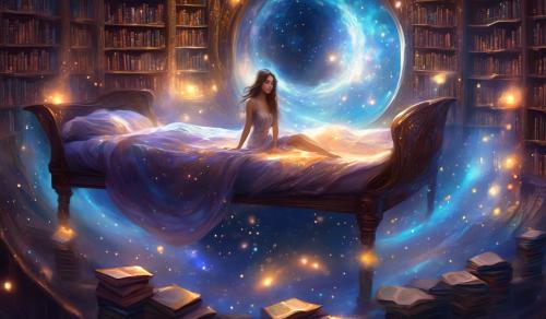 Fantasy female curved bodily nebular bed scattered library: illustrating many magical worlds.