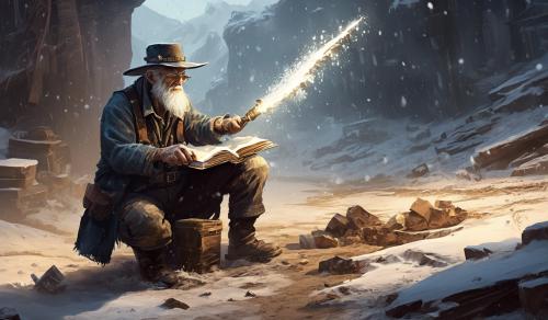 Old man gunslinger miner shuvel split stabbing book, x mark on ground,floating iced font:Digger69m