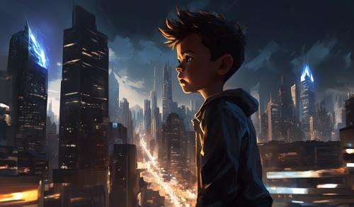 Imagine prompt Title: Power Unleashed[The camera pans over a bustling cityscape with towering skyscrapers and busy streets. Suddenly, a young boy with a determined expression on his face emerges from the shadows.]Boy: 