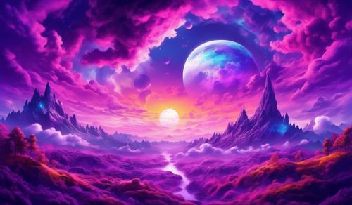 Bright colorful digital illustration of a world inside the mysterious purple clouds