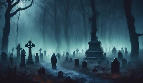 Graveyard with demons walking and ghosts inside a misty dark forest