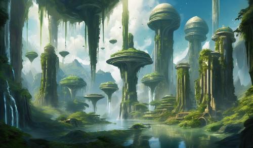 Halo planet with giant temple and floating structures some have waterfalls and vines hanging 