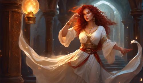 Curvy fantasy heroine explores a vault.  Magic sword, oil lamp in hand, lots of magical jewelry, thin cotton shirt, wide bodice belt, long traditional skirt, long red curls