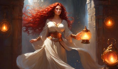 Curvy fantasy heroine explores a vault.  Magic sword, oil lamp in hand, lots of magical jewelry, thin cotton shirt, wide bodice belt, long traditional skirt, long red curls