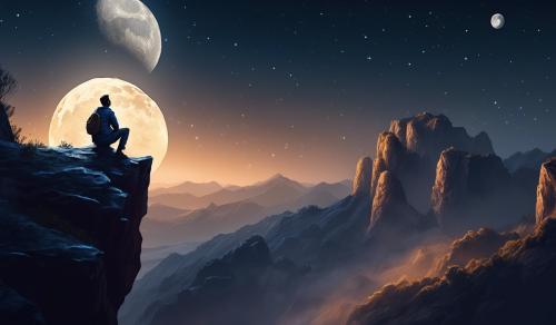 a man sitting on a cliff looking to the moon