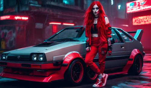 female zombie street racer with tied up long red hair and grey eyes wearing red clothes, hard knuckle fingerless gloves and red high top sneakers standing against a modified red Toyota trueno ae86