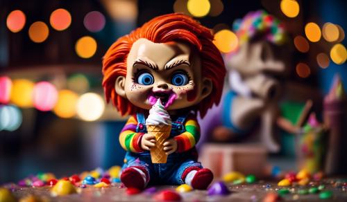 chucky doll eating a rainbow icecream cone