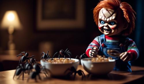 creepy chucky doll eating a bowl of spiders