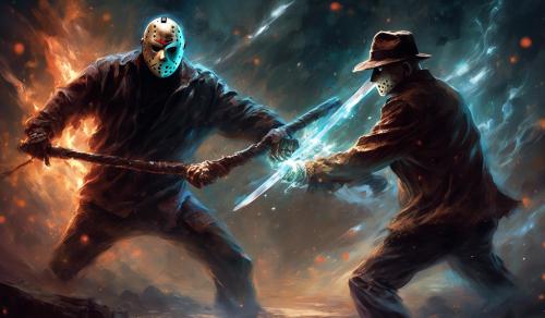 Jason Voorhees and Freddy Krueger fighting each other