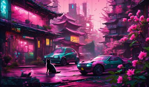 Cyber punk city cats cherry blossum