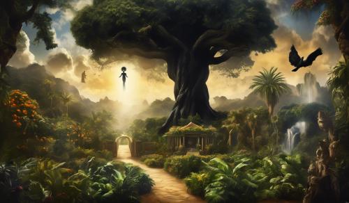 Create an image of a black Yahweh hovering over the Garden of Eden.  Have the image of Yahweh pointing for someone to leave.  Have a black Adam and Eve cowering and ashamed with their heads down exiting the Garden of Eden.