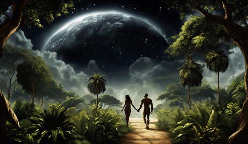 Create an image of a black Adam and Eve leaving the Garden of Eden. Place a black Yahweh in the sky above them. Illustrate Yahweh, pointing as he tells Adam and Eve they must leave the Garden of Eden.  Have Adam and Eve look ashamed and scared for what they have done as they leave the Garden of Eden.