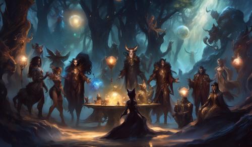 A group of adventurers consisting of a Satyr, a Catman, a Plasmoid, a Dark Elf, an Automaton, a Vampire and a Human