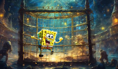 spongebob and planktin in a mma cage fight with fans all around