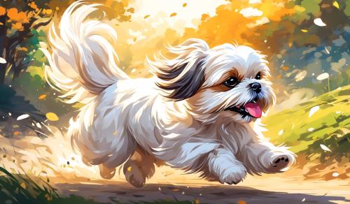 perro raza shih tzu de color blanco con orejas color arena suave, contento, corriendo con lengua afuera en un prado