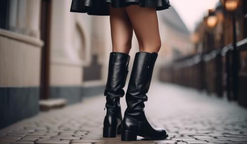 Girl in short black leather boots with leather skirt