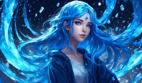 anime girl which has blue hair and blue eyes and blue crystals around her