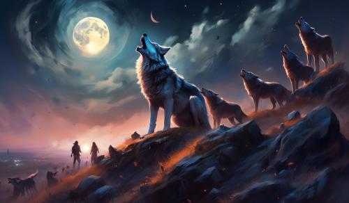 Wolf sat on hill howling at the moon while zombies are coming out of the ground