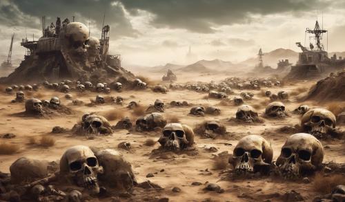 Skulls in a wasteland taken over by soilders