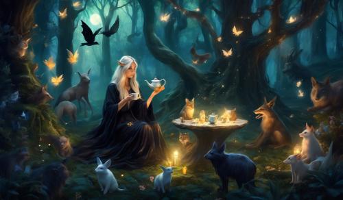 A witch sitting in a forest having tea with fairies and animals