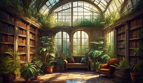 old conservatory with plants and old books in library