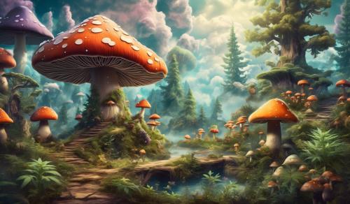 Mystical mushroom wonderland with woodland creatures clouds and marijuana