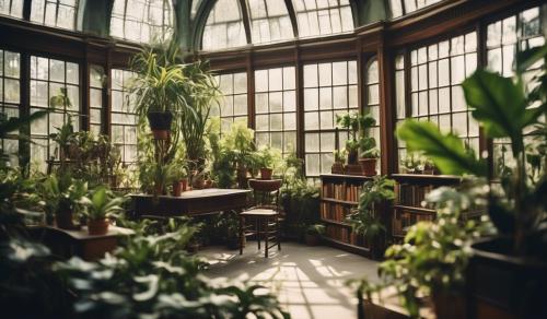 conservatory with plants and library. Vintage Photograph 