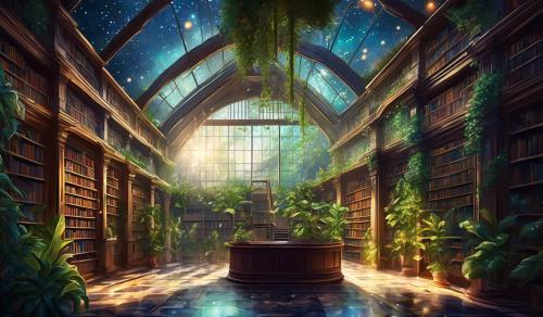  conservatory with plants and library. ceiling of stars