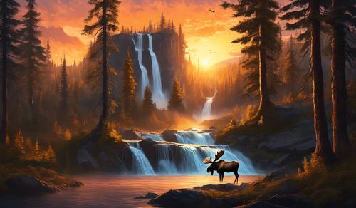  a sunset with a waterfall in a forest and a 100 pointer moose