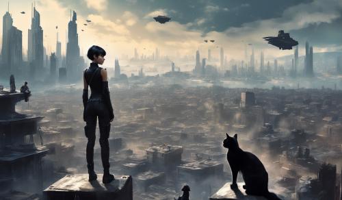 a futuristic girl with short hair, shaved on one side, with her black cat as her sidekick, standing on top of a city at war, 