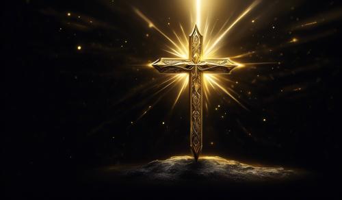 a Golden cross that has a golden white glow around it, with a black background as well.