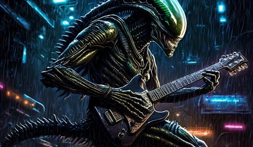 Xenomorph playing electric guitar