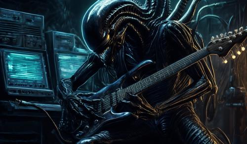 Xenomorph playing electric guitar 