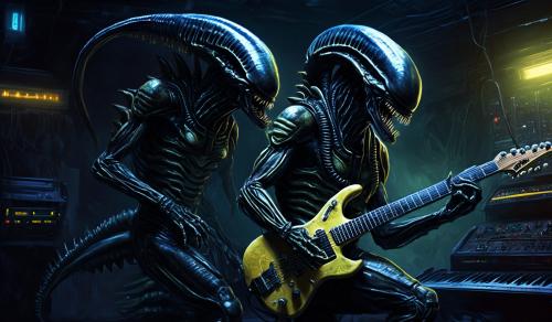 Xenomorph playing electric guitar 