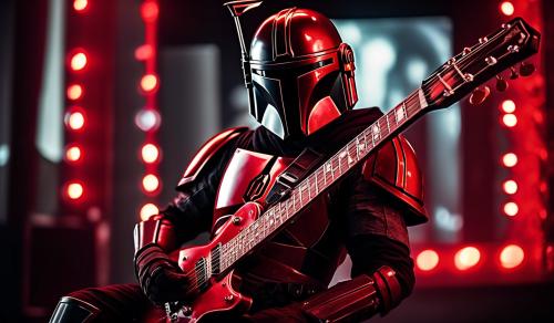 Red and black Mandalorian playing electric guitar