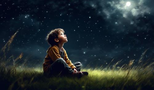 Let a psychologically exhausted child sitting on the grass, looking up at a dark sky, think of many things.