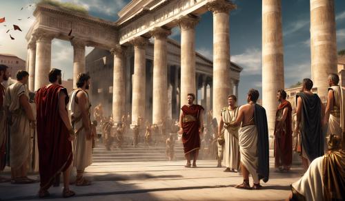 Act 1:Characters: Roman senators,Description: Serious and dignified,Epoch: Ancient Rome,Clothing: Togas and sandals,Place: The Roman Senate,Action: Engaged in heated debate,Background: Pillars and statues,Shot: Medium shot,Style: Hyper-realistic photo realism cinematography.