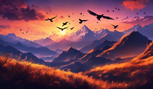 A beautiful sunset behind the mountains with birds flying in the distance.