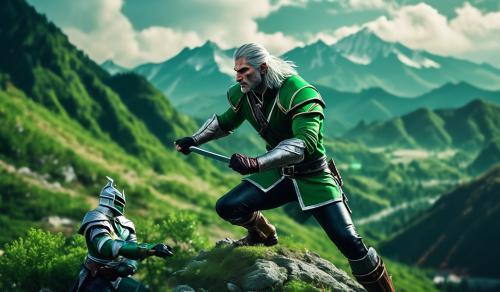 Geralt the witcher fighting the green power ranger on a mountain