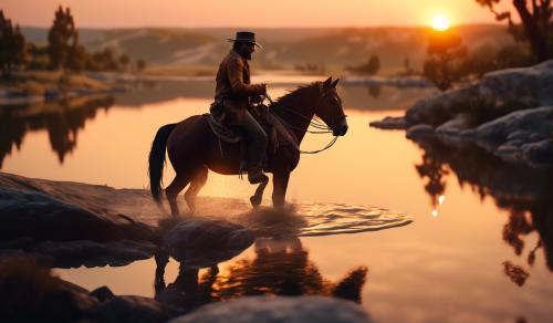 Arthur morgan and his horse prancing over the sunset behind them and the horse is turned on its side as much like the game as possible and a large lake below, they are on top of a rock