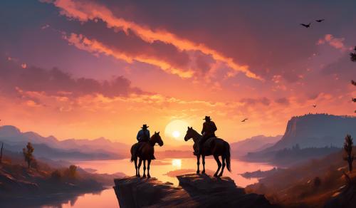 Arthur morgan and his horse prancing over the sunset and a large lake, they are on a cliff