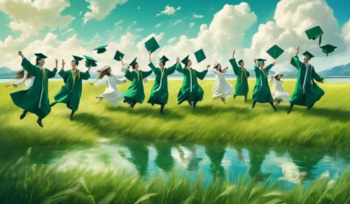 a group of people wearing doctoral graduation costumes danced by the green grassland. And above the lake was a blue sky and white clouds