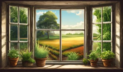 window looking out onto field with plants