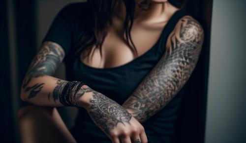 dark haired female with tattoos covering one arm and one inner thigh