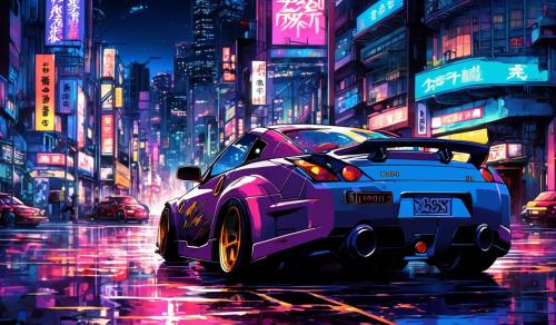 1990s animeDistorted colorNissan 350z Night cityCyberpunk