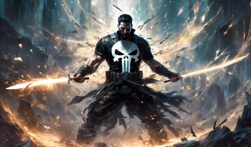 punisher battle damaged with a evil aura surrounding him with katanas in his hand 