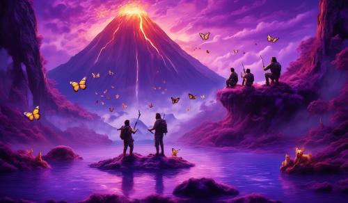 Butterfly hunters sitting on a three-winged seven-legged butterfly floating in a pool inside a volcano under a purple sky, hunting bears with their friends.