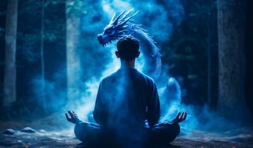 A man is meditating and his dragon soul comes out of his body in the form of a spirit and a blue aura covers the man's body